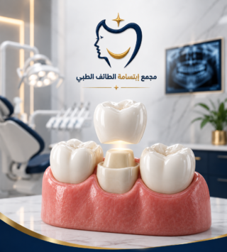 صورة توضيحية لخدمات تركيبات الأسنان في الطائف، بما يشمل التيجان والتركيبات المصممة لاستعادة الشكل الجمالي والوظيفة الطبيعية للأسنان.